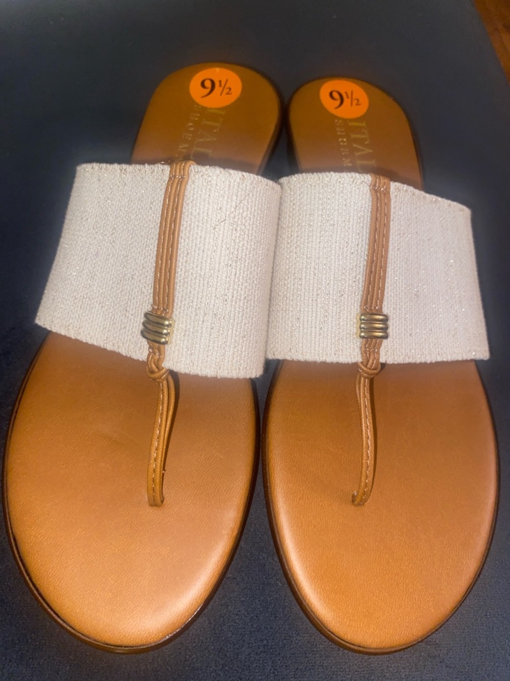 Italian Shoemakers Cream Canvas & Tan Leather Slide Sandals - Women